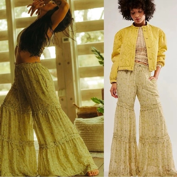 NWT! $148 Free People Emmaline Floral tiered Wide Leg Pant yellow & brown SZ XS - Picture 2 of 12